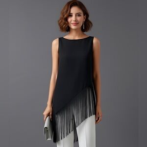 Tassel Asymmetrical Hem Sleeveless Top Black